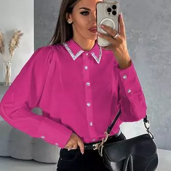 Женская рубашка-топ со стразами и длинными рукавами, весна-лето S розы красного