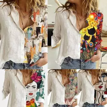 Женская рубашка, топ, темперамент, модная рубашка с длинным рукавом, лоскутная рубашка с принтом, осенняя рубашка XXL