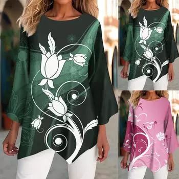 Женская рубашка три четверти, футболка с круглым вырезом, повседневные топы, реглан, три четверти, асимметричный подол, удобный хлопковый топ L зелёный