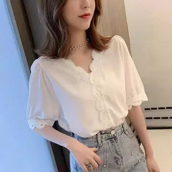 Женская рубашка Удобные и универсальные топы Нарядная белая шифоновая рубашка с коротким рукавом Модная супер сказочная кружевная рубашка Темпераментный элегантный модный топ S белый