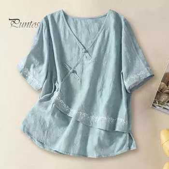 Женская рубашка в этническом стиле с косой планкой и диском с пряжкой, пуловер, топы с v-образным вырезом и короткими рукавами, свободные тонкие топы M фиолетовый