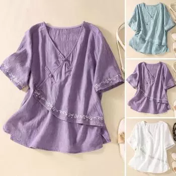 Женская рубашка в этническом стиле с косой планкой и пряжкой в виде диска, пуловер, топы с v-образным вырезом и коротким рукавом, свободная посадка M фиолетовый