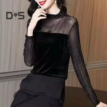 Женская рубашка в блестящую полоску, прозрачная кружевная пэчворк, длинный рукав, воротник-стойка, однотонный мягкий пуловер, женская блузка для поездок на работу чёрный