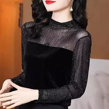 Женская рубашка в блестящую полоску, прозрачная кружевная лоскутная рубашка с длинным рукавом и воротником-стойкой, однотонный мягкий пуловер, женская блузка, топ чёрный