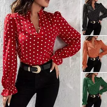 Женская рубашка в горошек с v-образным вырезом, облегающая уличная одежда с длинными рукавами, весна-осень, шифоновая офисная женская рубашка для свиданий 2XL зелёный