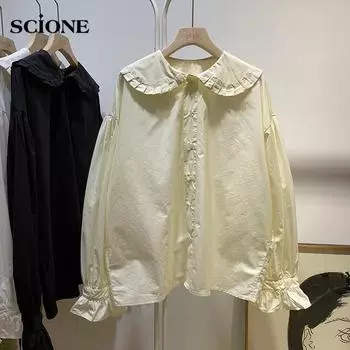 Женская рубашка в готическом стиле в стиле Лолиты, весенняя дизайнерская рубашка, женская свободная рубашка с деревянными ушками и лацканами с рюшами и рукавами, милая кукольная рубашка One Size белый