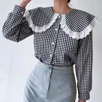 Женская рубашка в клетку из кружева в стиле пэчворк, весенний свободный топ с контрастными лацканами L белый