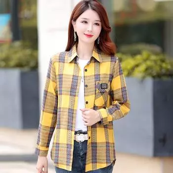 Женская рубашка в клетку на весну и осень, рубашка с воротником-стойкой и длинным рукавом, винтажная свободная рубашка 5XL