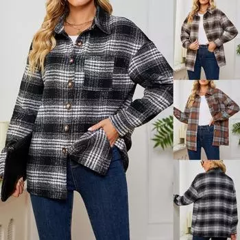 Женская рубашка в клетку с длинным рукавом в полоску с отложным воротником, женская повседневная свободная футболка