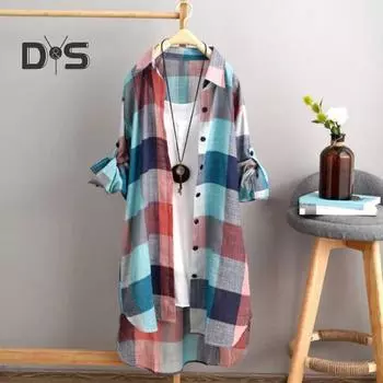 Женская рубашка в клетку с контрастным цветом, неровный подол, однобортная, с длинным рукавом, с лацканами, свободного покроя, мягкая, дышащая, женская, длинная M белый/синий