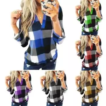 Женская рубашка в клетку с V-образным вырезом и длинным рукавом, свободная блузка, топ XXL красный