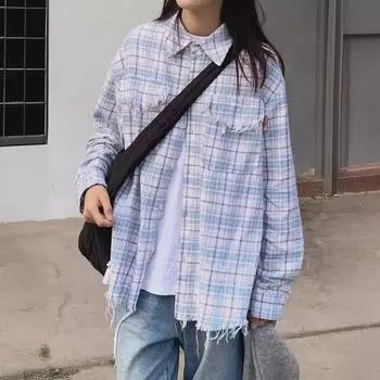 Женская рубашка в клетку в стиле ретро с длинным рукавом и необработанным краем — свободная, повседневная, многослойная, модная на весну и осень. 2XL синий