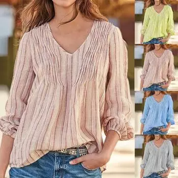 Женская рубашка в плиссированную полоску, осенняя однотонная блузка с V-образным вырезом