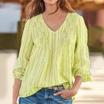 Женская рубашка в плиссированную полоску, осенняя однотонная блузка с V-образным вырезом