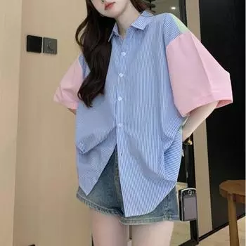 Женская рубашка в полоску с цветными блоками, летние топы с короткими рукавами в стиле пэчворк, свободные лацканы, универсальные женские блузки M