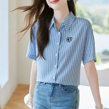 Женская рубашка в полоску с коротким рукавом в форме сердца для поездок на работу - Летний стиль 2024 г. Large