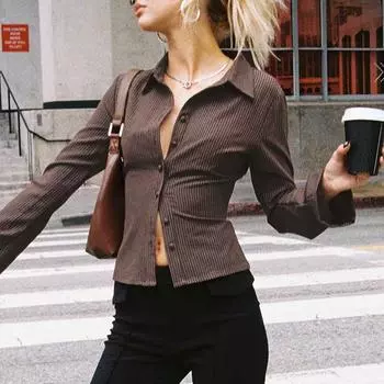 Женская рубашка в полоску с лацканами в стиле «пригородный стиль» с расклешенными рукавами и дизайном Sense Package на пуговицах S коричневый