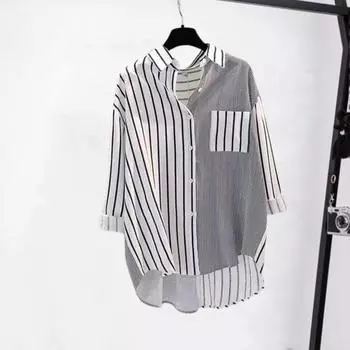 Женская рубашка в полоску с принтом, короткая передняя и длинная задняя блузка с отворотом и длинным рукавом, однобортная, Свободная повседневная повседневная блузка соответствующего цвета L синий