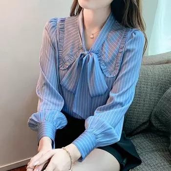 Женская рубашка в полоску с пышными рукавами, модная элегантная блузка с воротником на пуговицах в стиле Питера Пэна, весна 2023, синие топы, женская одежда 24688 S орион
