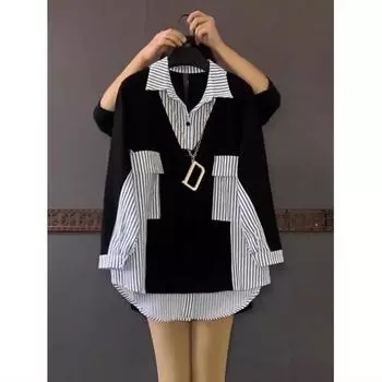 Женская рубашка в полоску средней длины, весна-лето, цветное столкновение, деловая рубашка, свободная рубашка 6XL