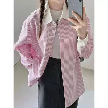 Женская рубашка в розовую и белую полоску, контрастного цвета, повседневная рубашка с длинными рукавами, корейский минималистский свободный женский топ S