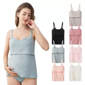 Женская рубашка в рубчик для беременных и кормящих мам, рубашка без рукавов с v-образным вырезом для грудного вскармливания, двухслойная блузка с кружевной отделкой, одежда для беременных