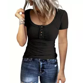 Женская рубашка в рубчик с круглым вырезом, базовая летняя футболка с короткими рукавами, топы на пуговицах, однотонная тонкая повседневная футболка S чёрный