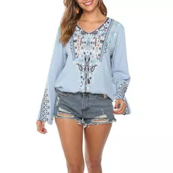 Женская рубашка в стиле бохо с вышитым цветочным узором, расклешенный длинный рукав, V-образный вырез, пуловер, повседневная одежда для офиса и путешествий S серый