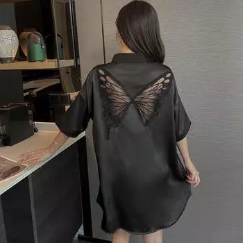 Женская рубашка в стиле бойфренда, дышащая ночная рубашка на пуговицах, однотонная задняя часть, сетка-бабочка, прозрачная сексуальная ночная рубашка, летняя свободная легкая ночная рубашка M