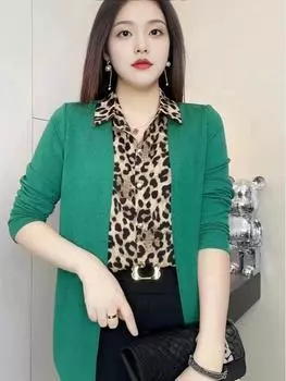 Женская рубашка в стиле «двойка» с леопардовым принтом, весна 2024, маленького размера XXXL (145-162 lbs) зелёный