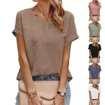 Женская рубашка в стиле пэчворк с круглым вырезом и коротким рукавом на весну и лето L чёрный