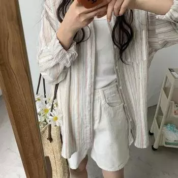 Женская рубашка в стиле ретро с цветными блоками и вертикальными накладными карманами, рубашка в полоску с лацканами, длинная однобортная рубашка средней длины XL белый