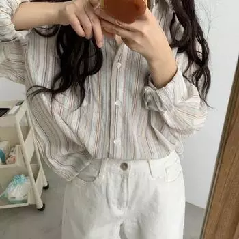 Женская рубашка в стиле ретро с лацканами и длинным рукавом, рубашка в вертикальную полоску с цветными блоками, однобортная рубашка средней длины с накладным карманом XL белый