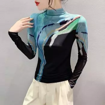 Женская рубашка в стиле ретро с полувысоким воротом и сетчатым принтом, модная зимняя облегающая футболка с внутренним верхом S