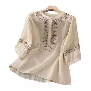 Женская рубашка в стиле ретро с вышитым цветочным узором, пуловер, топы с круглым вырезом и рукавом 3/4, летняя повседневная блузка XXXL абрикосовый