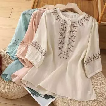 Женская рубашка в стиле ретро с вышитым цветочным узором, пуловер, топы с круглым вырезом и рукавом 3/4, летняя повседневная блузка M синий