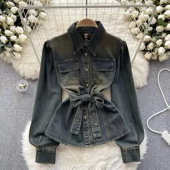 Женская рубашка в стиле ретро со шнуровкой на талии, облегающая рубашка с длинными рукавами, темпераментная верхняя одежда, европейские товары, популярное One Size зелёный