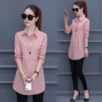 Женская рубашка в студенческом стиле с длинным рукавом и лацканами, однотонная, на осень и зиму Large зелёный