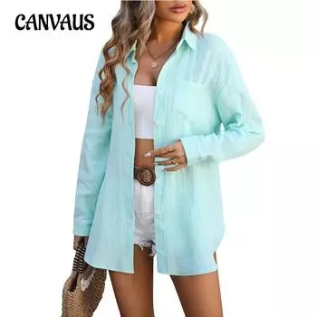 Женская рубашка, весенне-летняя пляжная накидка, двухслойная морщинистая ткань, повседневная рубашка с длинными рукавами S чёрный