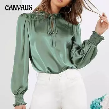 Женская рубашка, весенняя, новая, элегантная, однотонная, с круглым вырезом, длинным рукавом, завязками, прямая, атласная блузка S розы красного