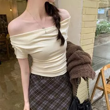 Женская рубашка весна-лето однотонная на одно плечо с коротким рукавом узкая блузка с круглым вырезом облегающий короткий топ S-XXL XXL