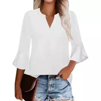 Женская рубашка весна-лето с оборками по краям, рукавами семь четвертей, V-образным вырезом, повседневная футболка, топ, блузки и рубашки S белый
