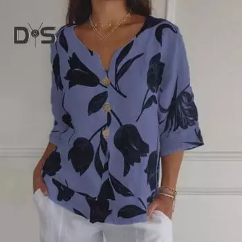 Женская рубашка весна-лето с V-образным вырезом, однобортная, контрастного цвета, с принтом листьев, рукав три четверти, свободная, в стиле ретро, тонкая, мягкая, дышащая, женская блузка M фиолетовый