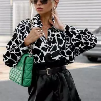 Женская рубашка весна-лето Свободный однобортный кардиган с цифровой печатью Фонарь с длинным рукавом S чёрный