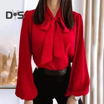 Женская рубашка весна-осень, элегантный галстук с бантом, свободный крой, мягкая дышащая однотонная женская повседневная блузка с длинными рукавами S красный