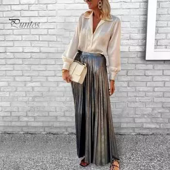 Женская рубашка весна-осень, однобортная, с лацканами, с длинным рукавом, для деловых поездок, с плиссированной блестящей поверхностью, металлическая макси-юбка, офисная одежда S Jacket
