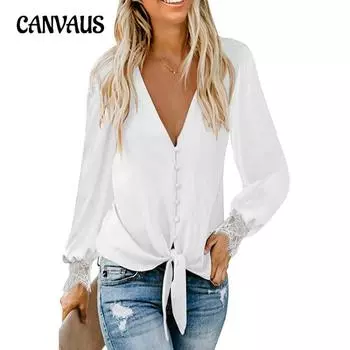 Женская рубашка весна-осень с кружевом, длинным рукавом, V-образным вырезом, однотонная, с завязками на подоле, свободный топ S белый