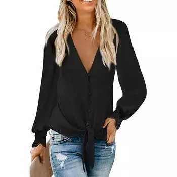 Женская рубашка весна-осень с кружевом, длинным рукавом, V-образным вырезом, однотонная, с завязками на подоле, свободный топ S белый