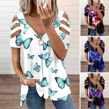 Женская рубашка, винтажная футболка с v-образным вырезом на молнии, топ, женская футболка с короткими рукавами