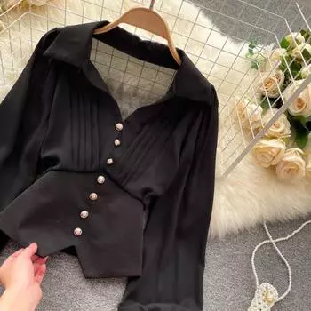 Женская рубашка во французском стиле с лацканами и v-образным вырезом, пышная рубашка с длинными рукавами, декор на пуговицах, неровный подол, одноцветные топы 3XL чёрный